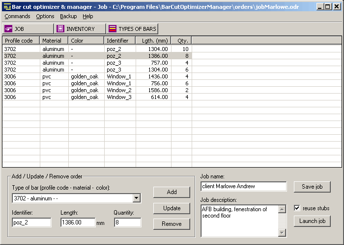 Screenshot of Bar Cut Optimizer and Manager 1.11